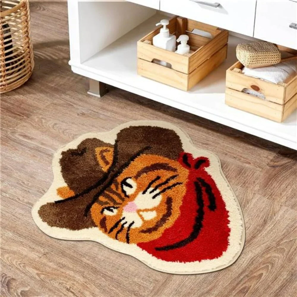 Funny Cat Bathroom Rug Western Cowboy Bath Mat Non Slip Washable Plush Floor Car